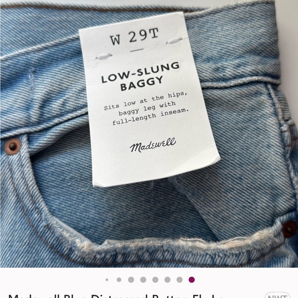 Madewell Blue Distressed Button Fly Low-Slung Baggy Jeans W29T NWT (34”x33”) - Picture 8 of 8